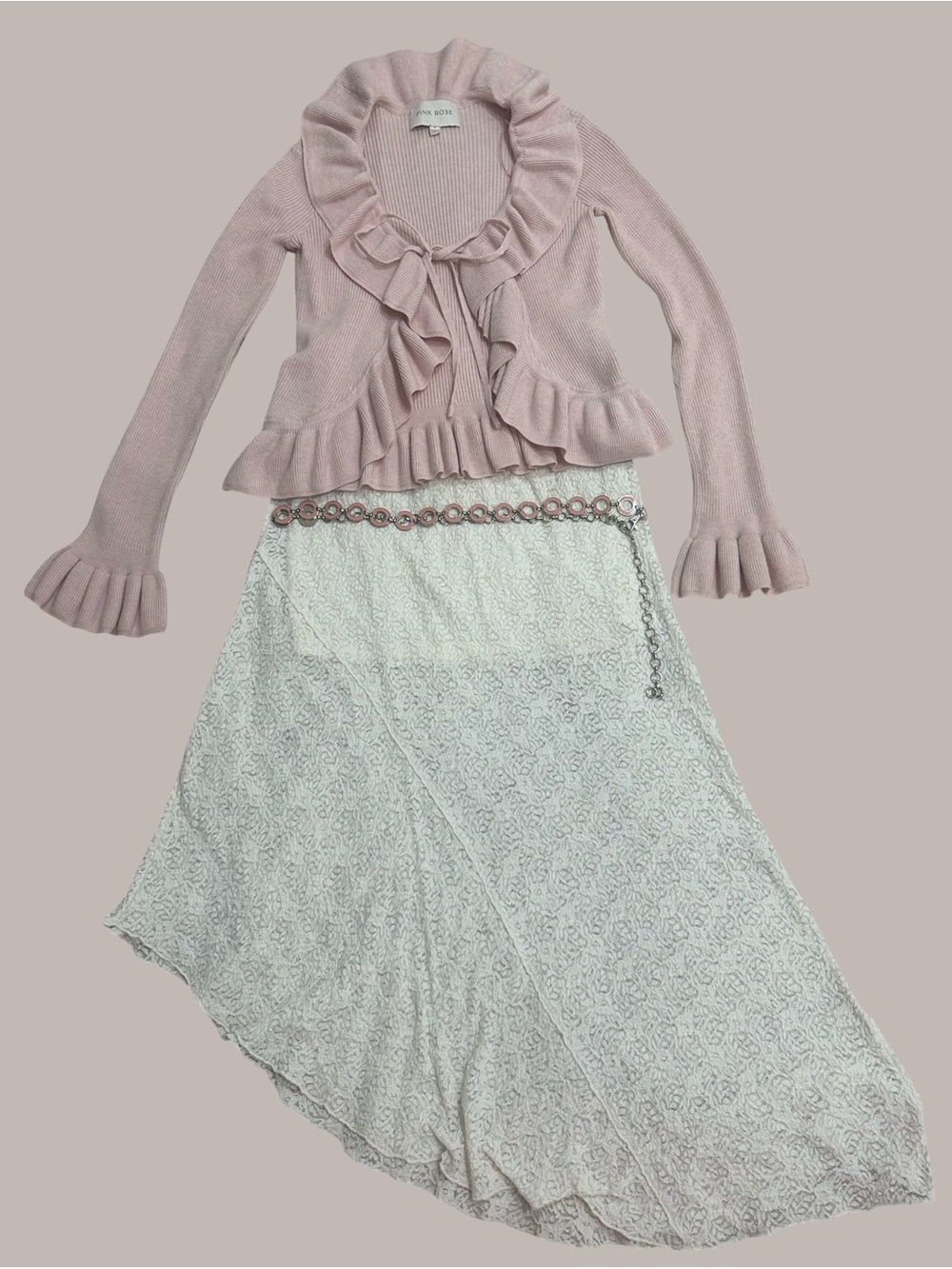 Pink Rose Pale Pink Ruffle Cardigan with Cream Lace High-Low Skirt